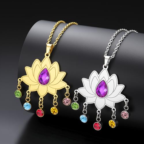 VASSAGO Lotus Necklace for Women Birthstone Pendant Lotus Flower Necklace Buddha Buddhist Unalome Symbol Amulet Yoga Spiritual Healing Jewelry Meditation Birthday Gift - color: Silver