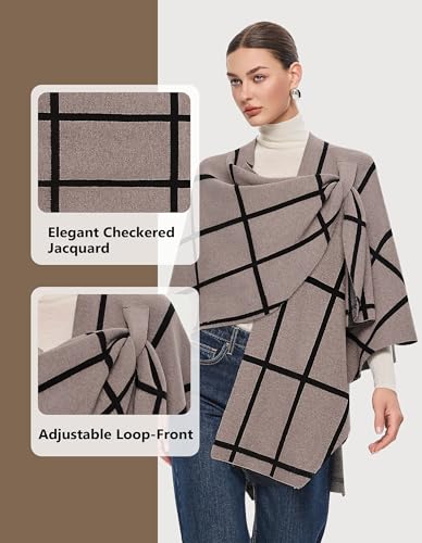 PULI Womens Elegant Cross Front Shawl Wraps Knitted Ponchos Cape Light Weight Poncho Sweater Soft Warm Travel Wraps - color: Classic Check-tan and Black