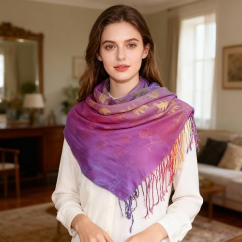 Rave Pashmina Scarf, Fashion Colorful Shawls and Wraps Soft Festival Scarves - color: E-purple (Horse Pattern)