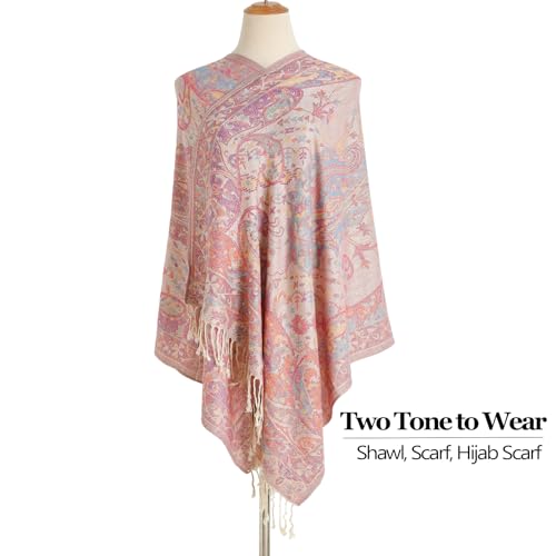 Paisley Pashmina Rave Shawl Scarf-Women's Reversible Ethnic Jacquard Pashmina Wraps for Travel - color: A#. Pink+khika