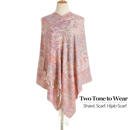 Paisley Pashmina Rave Shawl Scarf-Women's Reversible Ethnic Jacquard Pashmina Wraps for Travel - color: A#. Pink+khika
