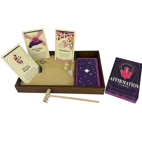 Wooden Zen Garden with Daily Affirmation Cards for Women and Men | Desert Luxe Sand with Rake & Amethyst Wand | Affirmations for Mindfulness, Meditation, and Inspiration | Beautiful 52 Card Deck - color: Desert Luxe, size: Affirmation Cards