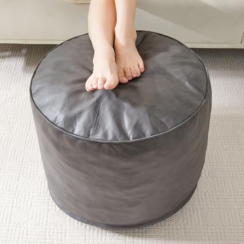 HIGOGOGO Round Stuffed Pouf Ottoman, Pu Leather Poufs with Foam Chunk Filling Foot Stool Storage Ottoman, 26 X 18 Floor Poufs Foot Rest for Living Room, Grey - color: Grey, size: 26"D x 26"W x 18"H