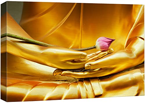 wall26 Canvas Print Wall Art Golden Buddha Statue Holding Pink Lotus Cultural Flower Photography Realism Contemporary Scenic Colorful Multicolor for Living Room, Bedroom, Office - 12"x18" - color: Golden Buddha Statue, size: 18"L x 12"W