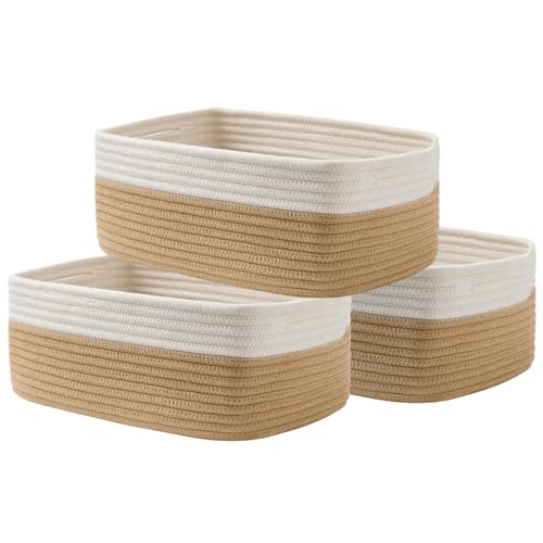 Small Woven Basket, 13.5 x 9.5 x 5 Inches, Storage Basket for Organizing, Cute Small Rope Shelf Closet Cube Storage Bins Baskets for Shelves, Dog Toy Gift Baskets Empty, 3 Pack White & Brown - color: White & Brown, size: 13.5"L x 9.5"W x 5"H