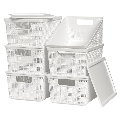 6 Pack Plastic Storage Baskets With Lids,White Breathable Stackable Storage Bins,Small Storage Containers,for Organizing Storage Baskets on Desktops,Closets,Playrooms,Classrooms,Offices - color: White