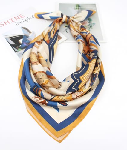 100% Pure Mulberry Silk Scarf 35" Large Square Lightweight Headscarf –Women’s Hair Wraps-With Gift Packed - color: Gold&blue