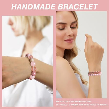 4pcs Beaded Bracelets for Women,Natural Healing Crystal Gemstones Bracelet,Anxiety Stress Relief Bracelet Handmade purple Jewelry Gifts for Women - color: Rhodochrosite&Watermelon crysta&Rose Quartz