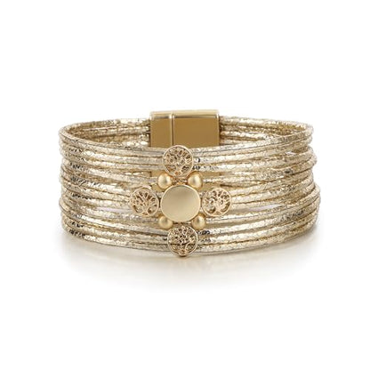 Edoneery Leather Wrap Bracelet for Women, Boho Handmade Multi-Layer Cuff with Crystal Beads Heart, Stackable Bangle Western Jewelry Gift - style: Circle(Gold)