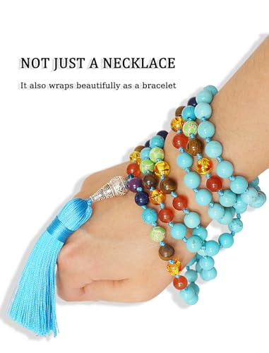 Mala Beads 108 Handmade Necklace,Natural Indian Agate Turquoise Amethyst with Alloy Guru Bead and Tassel,43.2 Inches for Prayer,Meditation,Yoga - color: Turquoise