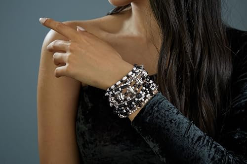 SPUNKYsoul Beaded Stretch Bracelet Set – Multi-Piece Stackable Fashion Bracelet Collection, Elastic Fit, Minimalist Boho Jewelry for Everyday Wear - style: " Ayla" White, Black & Silver