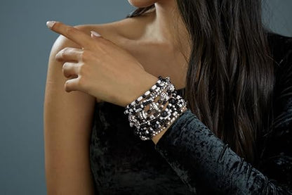 SPUNKYsoul Beaded Stretch Bracelet Set – Multi-Piece Stackable Fashion Bracelet Collection, Elastic Fit, Minimalist Boho Jewelry for Everyday Wear - style: " Ayla" White, Black & Silver