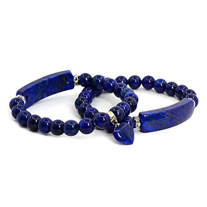 Justinstones Gem Semi Precious Gemstone Love Heart Charm Stretch Beaded Bracelet Unisex - color: Blue Lapis