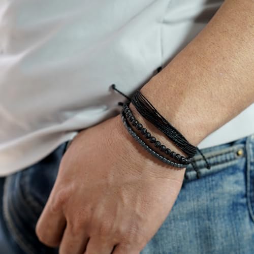 Mezcla Vida Handmade Natural Stone Beaded & Hematite Healing Bracelet Gift for Men-Set of 3 Stackable Adjustable Waterproof String Rope Bracelets