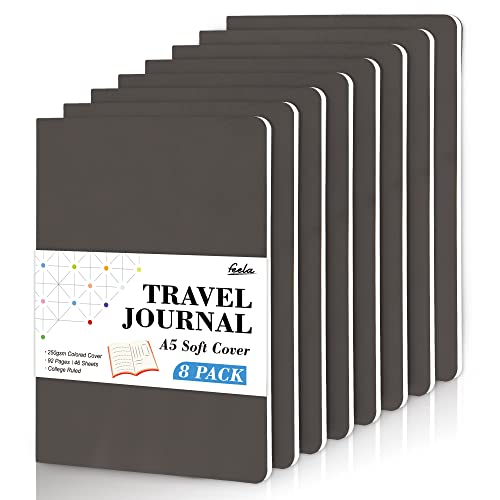 8 Pack Soft Cover Journal Bulk, Feela Notebooks College Ruled for Work, Lined Travel Journal for Women Men, Note Taking Notebook School Supplies Business Writing, 8.2” x 5.5”, A5, Gray - color: 8 Gray