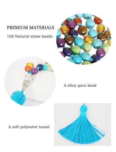 Mala Beads 108 Handmade Necklace,Natural Indian Agate Turquoise Amethyst with Alloy Guru Bead and Tassel,43.2 Inches for Prayer,Meditation,Yoga - color: Turquoise