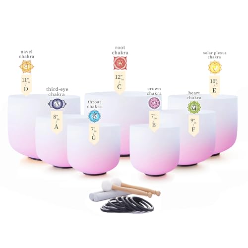 Hye-eun 7PCS 432Hz Crystal Singing Bowls Set, Premium Quartz Meditation Sound Bowls for Chakra Healing Yoga Reiki, Include Rubber Mallets & Carrying Bags-7-12 Inch (Pink Gradient) - color: 7-12inch 432hz Half-Pink 7PCS