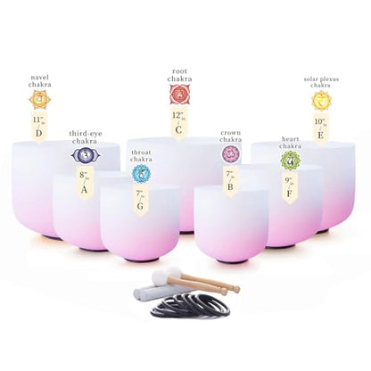 Hye-eun 7PCS 432Hz Crystal Singing Bowls Set, Premium Quartz Meditation Sound Bowls for Chakra Healing Yoga Reiki, Include Rubber Mallets & Carrying Bags-7-12 Inch (Pink Gradient) - color: 7-12inch 432hz Half-Pink 7PCS