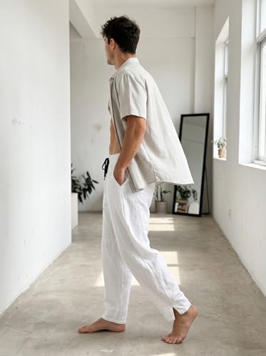 perdontoo Men's Linen Cotton Loose Fit Casual Lightweight Elastic Waist Summer Beach Pants