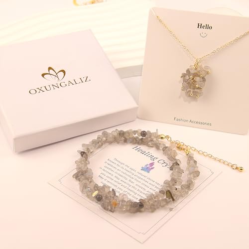 2Pcs Crystal Necklace for Women Handmade Choker Necklaces Pendant Necklace Natural Stone Gemstone Beaded Necklace 18k Gold Plated Adjustable Dainty Necklace for Women - color: Labradorite