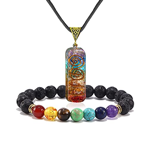 COLORFUL BLING Healing Crystals Gemstone Chakra Om Symbol Pendant Necklace Lava Rock Bracelet Set Prosperity Reiki Wealth Money Fortune Positive Energy Quartz Yoga Meditation Jewelry for Women Men - style: Set A