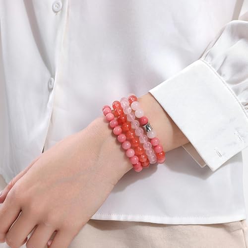 Fengling 4 PCS Beaded Crystal Bracelet for Women 8mm Natural Gemstones Handmade Bracelet for Girls Healing Stretch Bracelets Crystal Jewelry for Women Gifts - color: Pink Crystal&Watermelon crysta&Rose Quartz