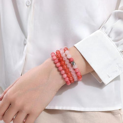 Fengling 4 PCS Beaded Crystal Bracelet for Women 8mm Natural Gemstones Handmade Bracelet for Girls Healing Stretch Bracelets Crystal Jewelry for Women Gifts - color: Pink Crystal&Watermelon crysta&Rose Quartz