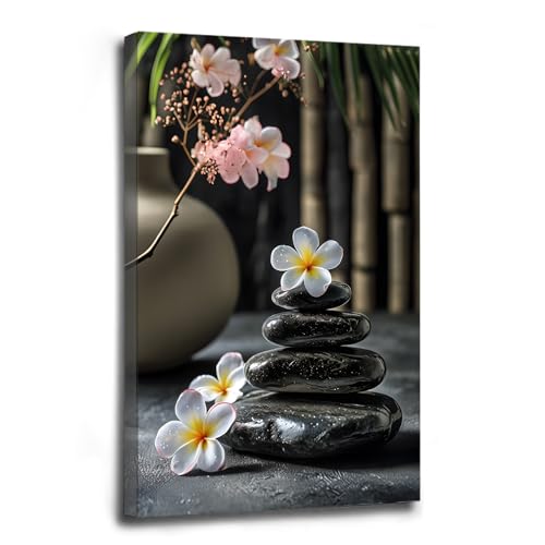 A harmonious black stone stack paired with white and pink flowers bamboo and ceramic vases creates a tranquil Zen decor for minimalist homes and mindful spaces 16x24in Wood Framed - color: Tranquil Stone, size: 16x24in Framed