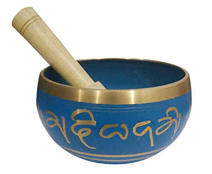 Purpledip Bell Metal Singing Bowl: Dhyana Musical Instrument for Meditation, 4.5 Inches, Blue (12128) - style: Scripture design | 4.5 inches | Blue