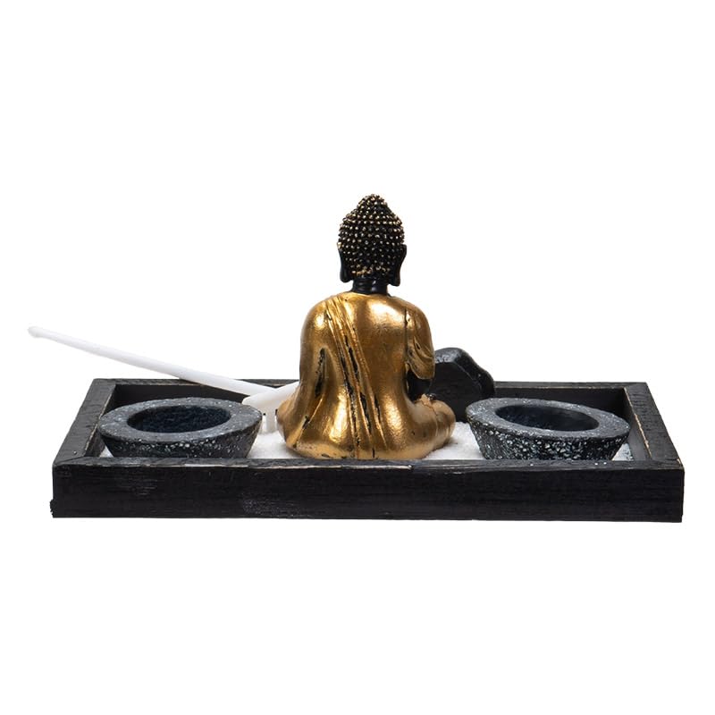 Summit Collection Gifts Meditation Zen Garden Set with Black and Gold Buddha Figurine Two Tea Light Candle Holders White Sand Decorative Wood Display Tray Decor 9" x 5"