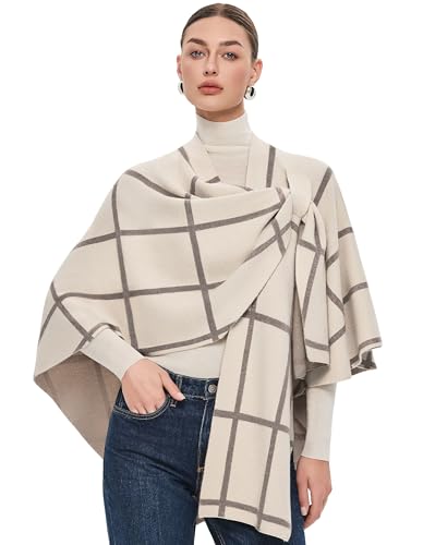 PULI Womens Elegant Cross Front Shawl Wraps Knitted Ponchos Cape Light Weight Poncho Sweater Soft Warm Travel Wraps - color: Classic Check-cream and Oatmeal