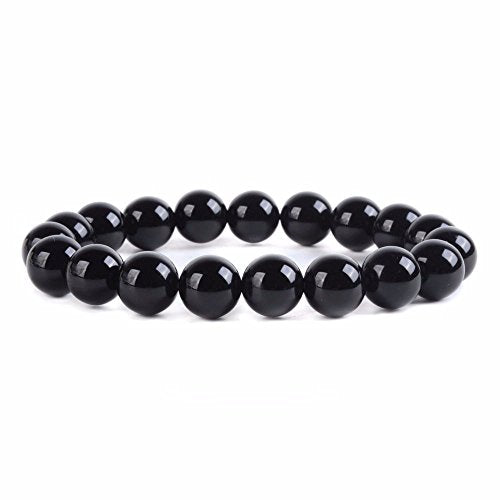 Justinstones Gem Semi Precious Gemstone 10mm Round Beads Stretch Bracelet 7 Inch Unisex - color: Black agate