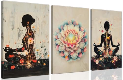 Yoga and Flower themed Meditation Wall Art Set of 3, Spiritual Meditation Women's Match with Flower and Lotus Patterns Canvas Poster Prints Painting,for Yoga Meditation Room,Bedroom,Framed 16X24in - color: colored-B, size: Framed16X 24Inches