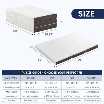 Hanherry 4 Inch Foldable Mattress Queen Size, Tri-Folding Portable Memory Foam Topper Floor Bed with Storage Bag, Washable Cover for Travel, Camping, RV, Guest - size: Queen (79 × 59 inch)