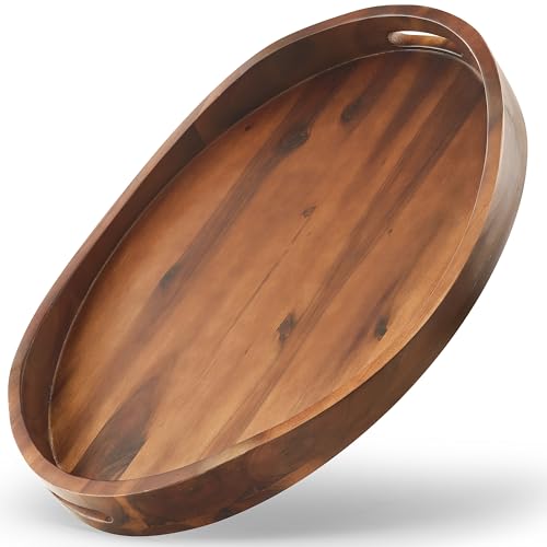 TIDITA Acacia Wood Ottoman Tray with Handles - 20" x 15" Round - Large Oval Serving Trays for Living Room -Wooden Trays Decorative for Kitchen Counter, Coffee Table, Breakfast in Bed (Walnut Color) - color: Walnut, size: 20" x 15" x 2.2"