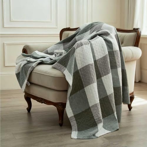 Cotton Throw Blanket for Couch, 50"x60" Plaid Checkered Muslin Blanket, Soft 4-Layer Pre-Washed Reversible & Breathable, All-Season Lightweight Bed Blanket (Green) - color: Green Checkered, size: 50"x60"