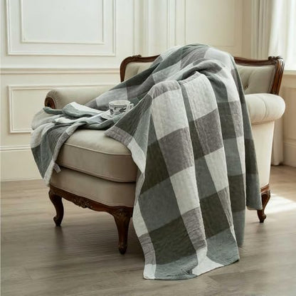 Cotton Throw Blanket for Couch, 50"x60" Plaid Checkered Muslin Blanket, Soft 4-Layer Pre-Washed Reversible & Breathable, All-Season Lightweight Bed Blanket (Green) - color: Green Checkered, size: 50"x60"