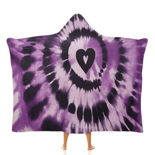 Purple Tie Dye Hooded Blanket, Soft Arctic Velvet Wearable Throw for All-Season, Bed, Sofa, Camping 60"x80"