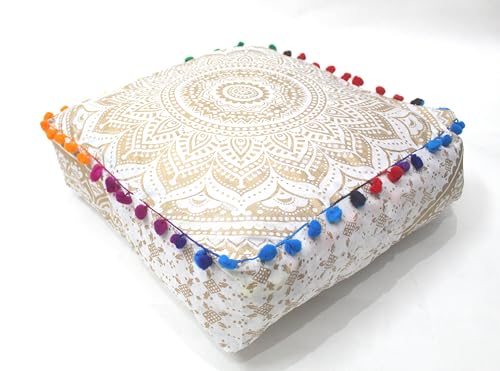 CRAFT KALA 16" Square Large Hippie Mandala Meditation Floor Ottoman Pillow Cushion Pouf Cover Square Poufs Bohemian Circle Floor Cushion Case Outdoor Fireplace Living Room Decor Cover Golden Ombre - color: Golden, size: 16"D x 16"W x 5"H
