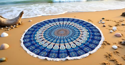 Round Beach Tapestry Mandala Boho Hippie Blanket Indian Cotton Bohemian Large Table Cloth Home Decor Yoga Mat Meditation Picnic Rug Throw Hippy Boho Gypsy Tablecloth Roundie (42 Inches, Blue) - color: Blue, size: 42"L x 42"W