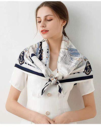 ANDANTINO 100% Pure Mulberry Silk Scarf 35" Large Square Lightweight Headscarf –Women’s Hair Wraps-With Gift Packed - color: Navy Blue&white
