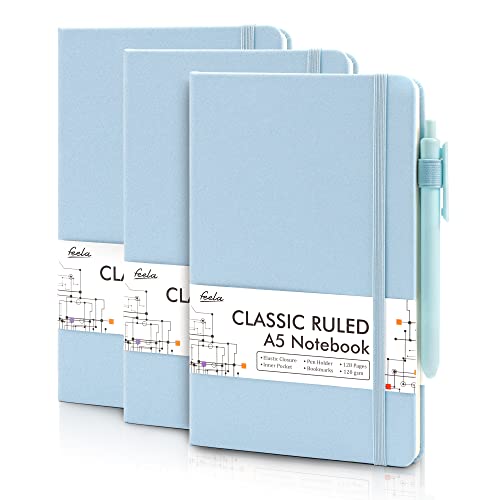 feela 3 Pack Notebooks Journals Bulk, Hardcover Notebook Classic Ruled Lined Journals with Pen Holder for Women Girls School Business Supplies, with 3 Black Pens, 120 GSM, 5.1”x8.3”, A5, Light Blue - color: 3 Pack light blue