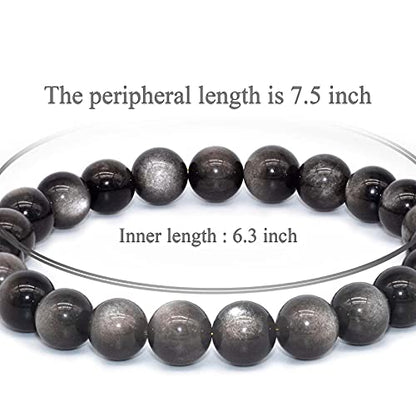 8mm Natural Gemstone Stretch Bracelet, Handmade Unisex Crystal Bracelets for Meditation, Yoga, Spiritual Healing & Positive Energy - color: Silvery Obsidian