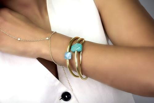 Aqua Quartz Gold Tube Bracelet - Square Aqua Quartz Gemstone Center Bead - Shiny Gold Filled Slip On Bracelet for Women - Minimal Stackable Tube Gold Jewelry