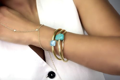 Aqua Quartz Gold Tube Bracelet - Square Aqua Quartz Gemstone Center Bead - Shiny Gold Filled Slip On Bracelet for Women - Minimal Stackable Tube Gold Jewelry