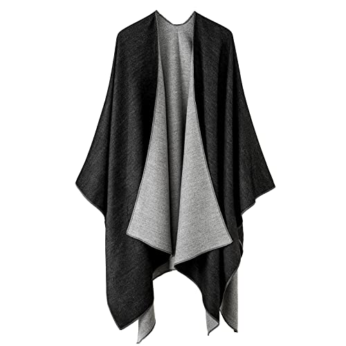 Shawl Wraps for Women, Elegant Knitted Cape Open Front Poncho Scarf Blanket Cardigan Coat for Spring, Autumn, and Winter - color: Black Light Gray