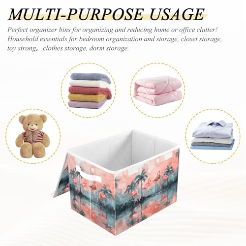 senya Large Storage Bins with Linen Collapsible Foldable Storage Cubes Fabric Closet Organizer Containers Box with Flip-Top Lid Home Bedroom Office 16.7 x 12.6 x 11.8in (Lovely Flamingos Palm Trees) - color: Lovely Flamingos Palm Trees