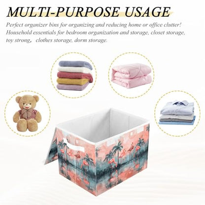 senya Large Storage Bins with Linen Collapsible Foldable Storage Cubes Fabric Closet Organizer Containers Box with Flip-Top Lid Home Bedroom Office 16.7 x 12.6 x 11.8in (Lovely Flamingos Palm Trees) - color: Lovely Flamingos Palm Trees