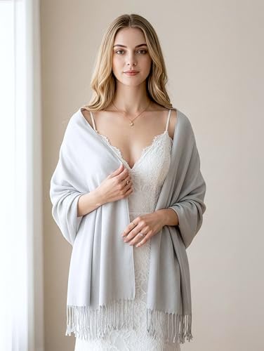 Achillea Lightweight Pashmina Scarf for Women – Soft Silky Shawl Wrap for Evening Dresses, Bridesmaids & Everyday Wear - color: Silver Grey