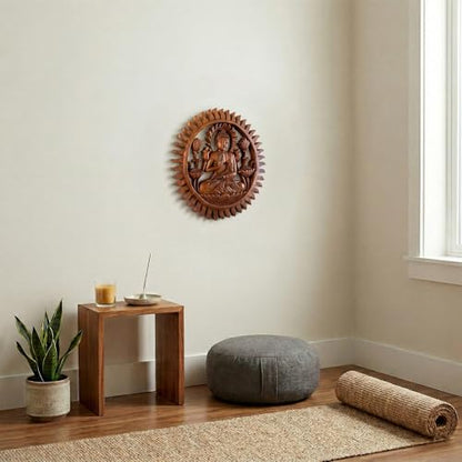 G6 Collection 12" Wooden Hand Carved Wall Hanging Serene Buddha Meditation Sculpture Statue Handmade Figurine Relief Gift Home Decor Handcrafted Decoration Round Buddha Plaque